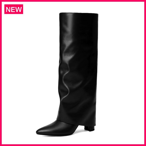 Knee High Boots with Chunky Heel Fold Over Design Pointed Toe Zipper Closure